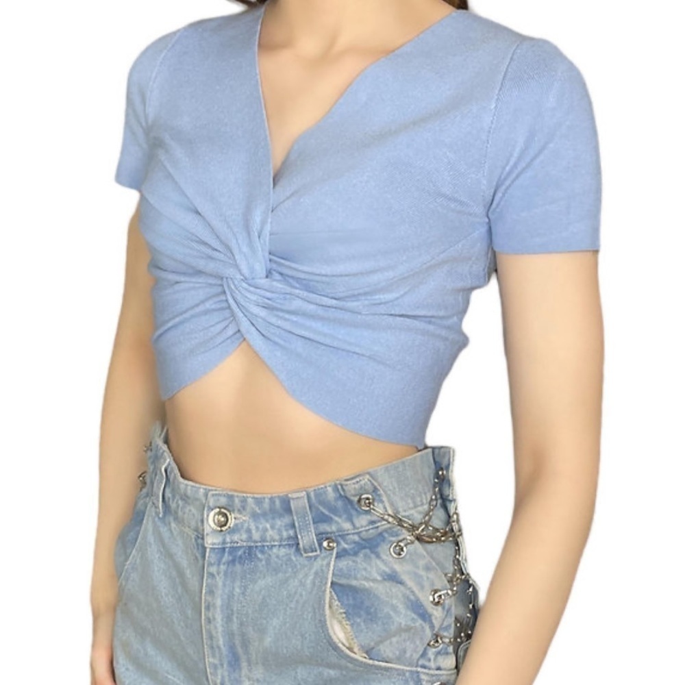 New Short Sleeve Seater Knit Crop Top V-Neck Blue